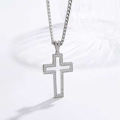 Hollow Zircon Cross Necklace — Polished Steel with Cuban link chain