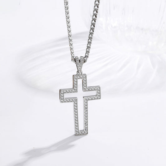 Hollow Zircon Cross Necklace — Polished Steel with Cuban link chain