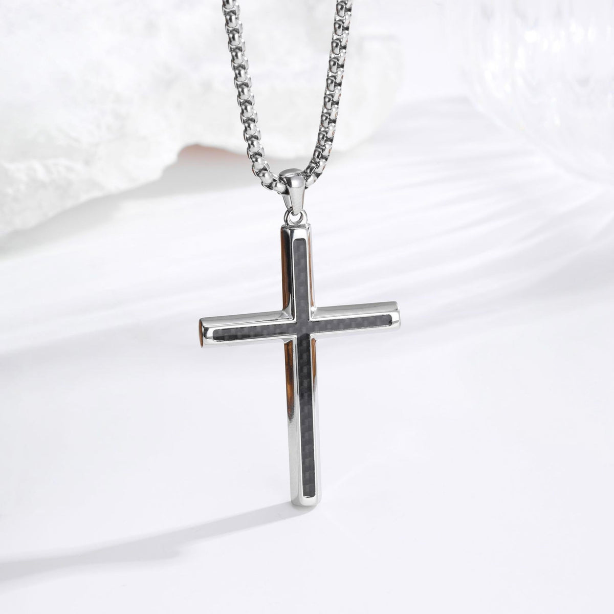 Cross Necklace for Men - Black carbon fiber lifestyle