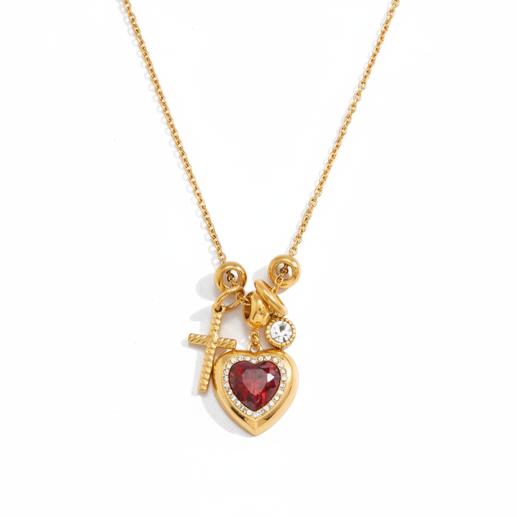 Zircon Heart Cross Necklace gold pearl heart detail