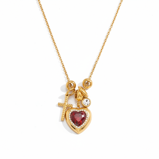 Zircon Heart Cross Necklace gold pearl heart detail