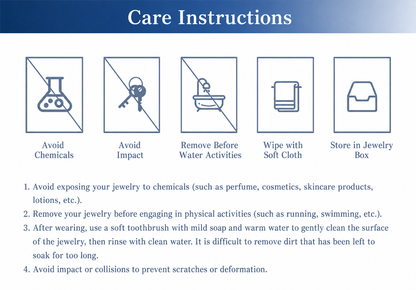 Care instructions graphic for jewelry, featuring five icon-based warning labels and four numbered text instructions on a white background with a blue header.