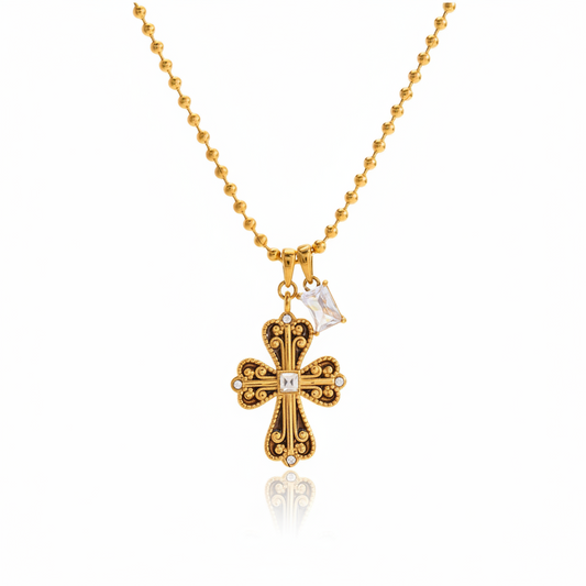 Vintage Baroque Cross Necklace Gold Stainless Steel Faith Jewelry