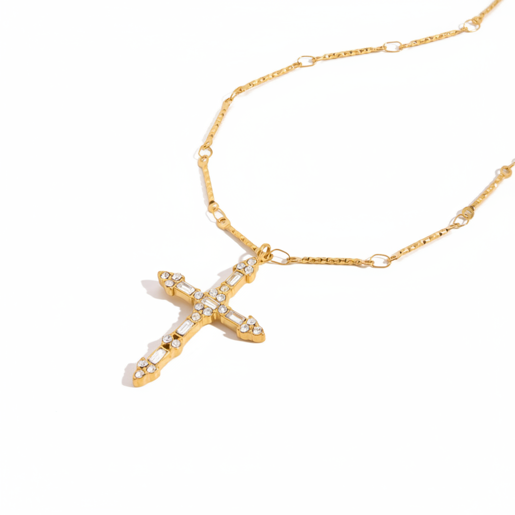 Baguette Crystal Cross Necklace Gold Stainless Steel Faith Gift