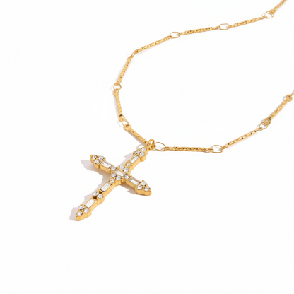 Baguette Crystal Cross Necklace Gold Stainless Steel Faith Gift