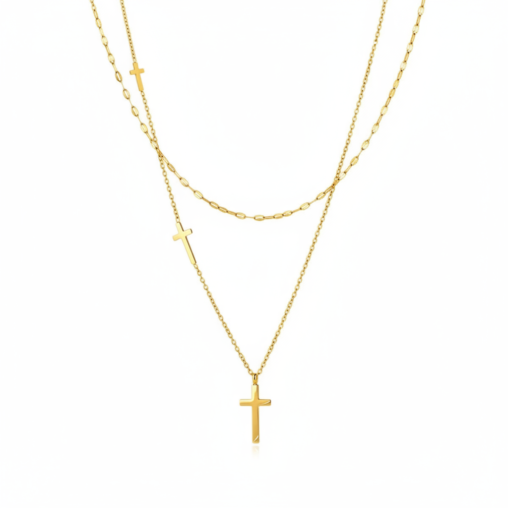 Layered Cross Necklace Set Gold Stainless Steel Christian Jewelry