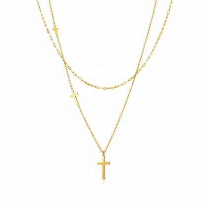 Layered Cross Necklace Set Gold Stainless Steel Christian Jewelry