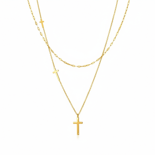 Layered Cross Necklace Set Gold Stainless Steel Christian Jewelry
