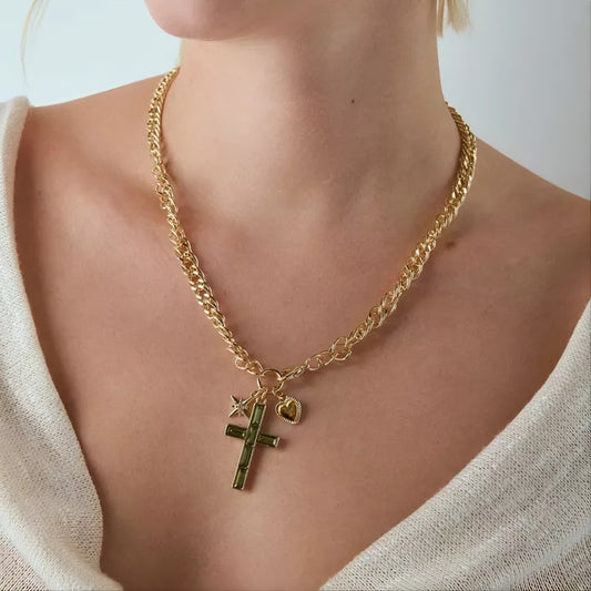 Green Zircon Cross Necklace - Cuban link chain with green zircon cross pendant
