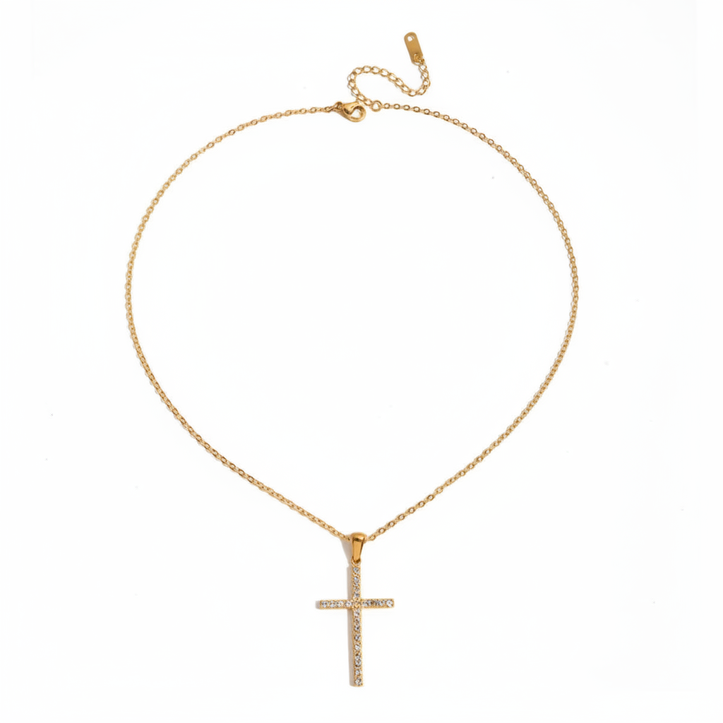 White Zircon Cross Necklace - dainty gold chain with white zircon cross pendant