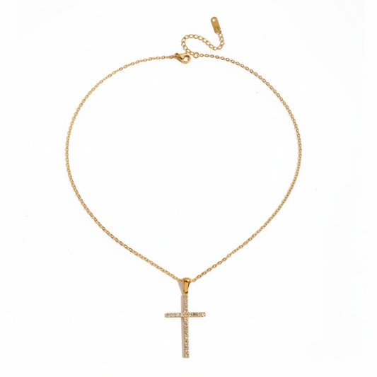 White Zircon Cross Necklace - dainty gold chain with white zircon cross pendant